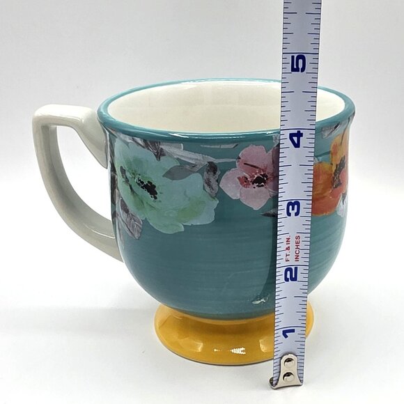 Pioneer Woman Flea Market Floral Turquoise Yellow Footed Stoneware Coffee Mug - Picture 8 of 9